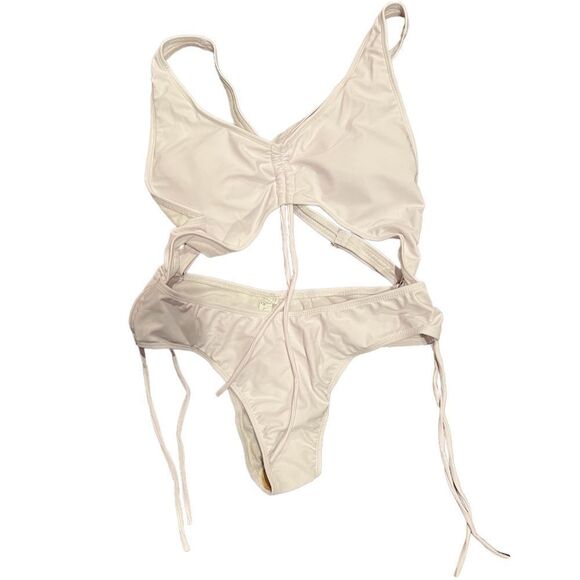 Women 1 Piece Summer Hollow Sexy Bikini with Long Tassel Drawstring Color White - Picture 5 of 16